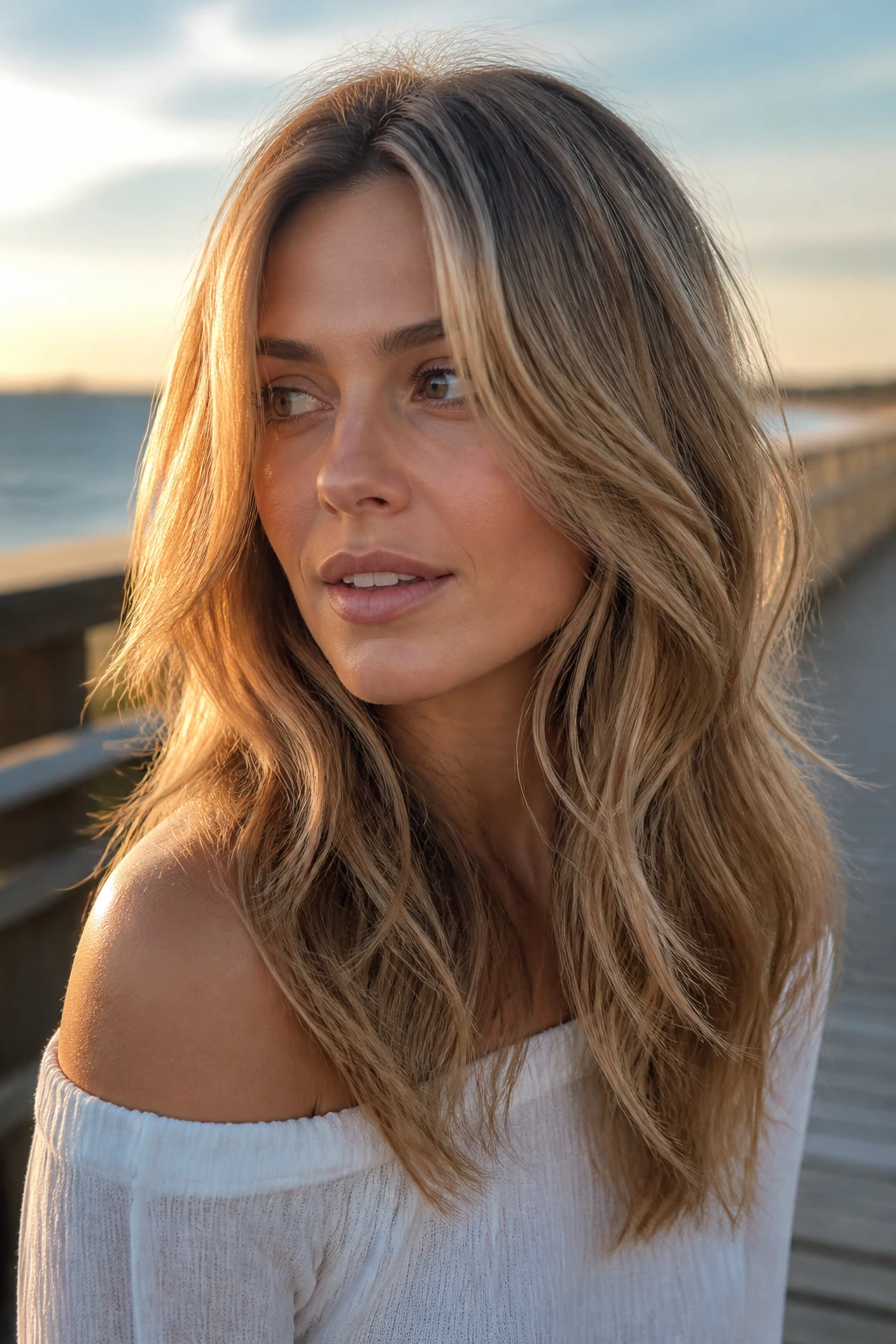 Real woman with S-bend waves and layered mid-lengths on a golden-hour boardwalk
