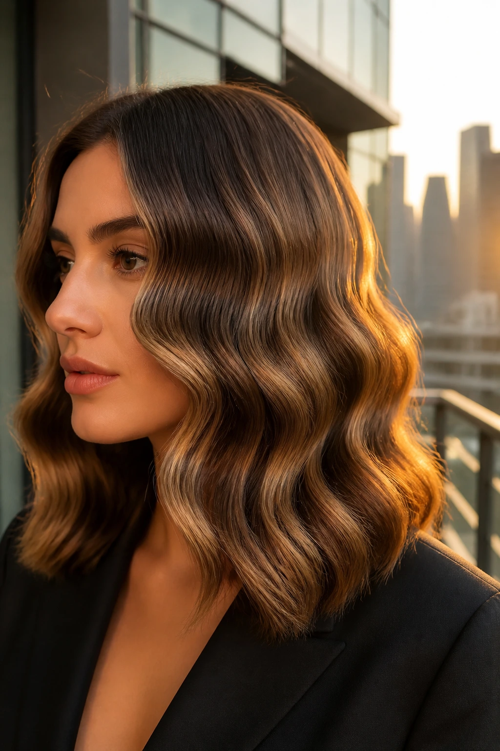 Close-up of real woman with polished S-bend waves on medium-length hair