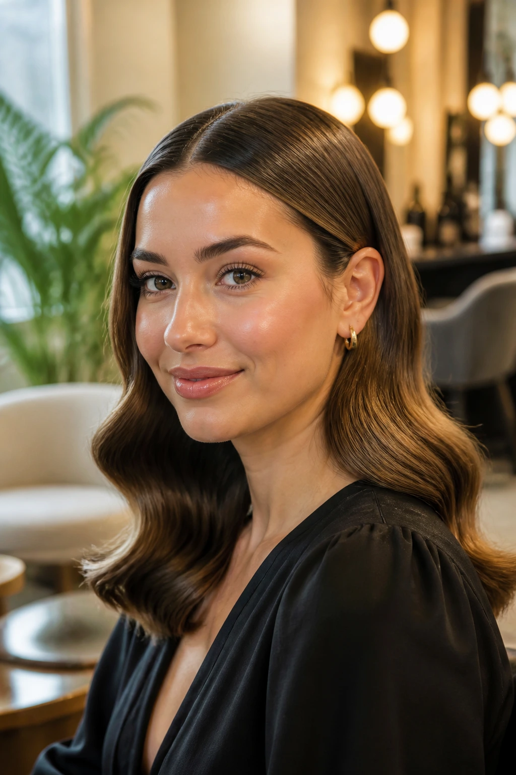 Close-up of a real woman with Old Money S-Bends soft S-shaped curls and middle part
