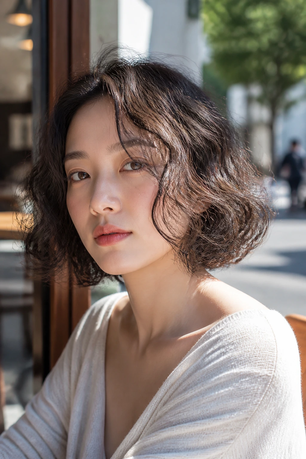 Close-up of a real woman with S-Curl Bob with Loose Bend curly hair