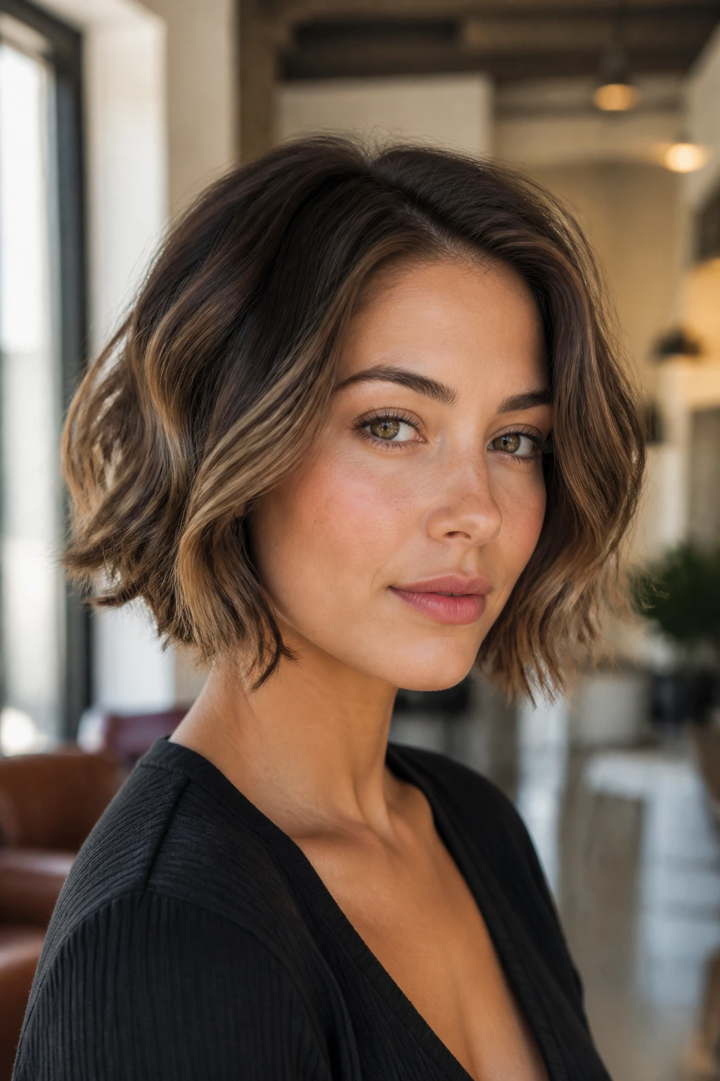 Close-up portrait of a real woman with S-Curl bob showing loose S-shaped waves