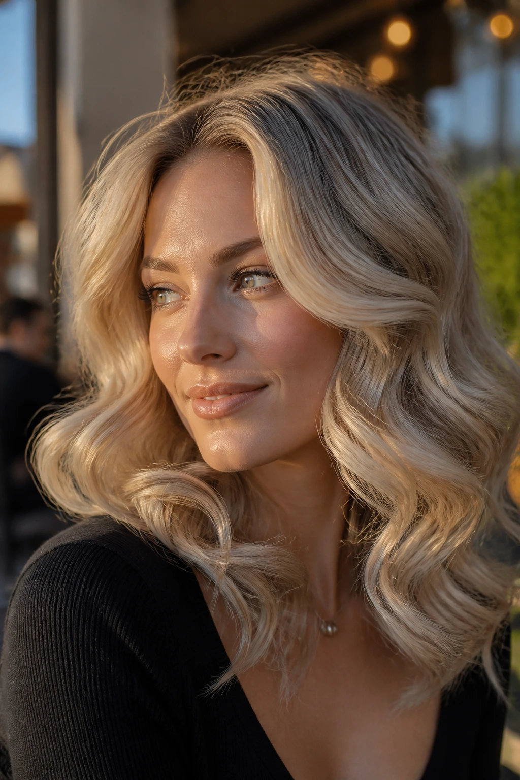 Close-up portrait of a real woman with S-Curl glam waves outdoors