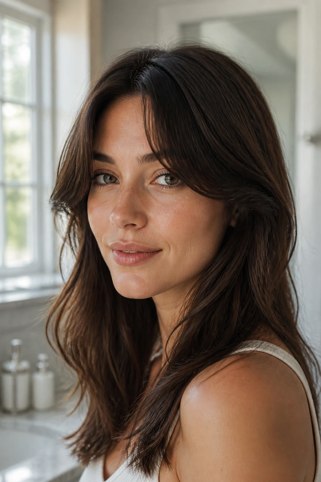 Close-up of a real woman with S-curve bangs bending near the brow and past the cheekbone