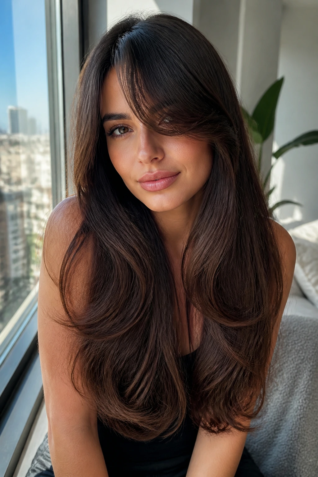 Close-up portrait of a real woman with an S-curve blowout and long bangs