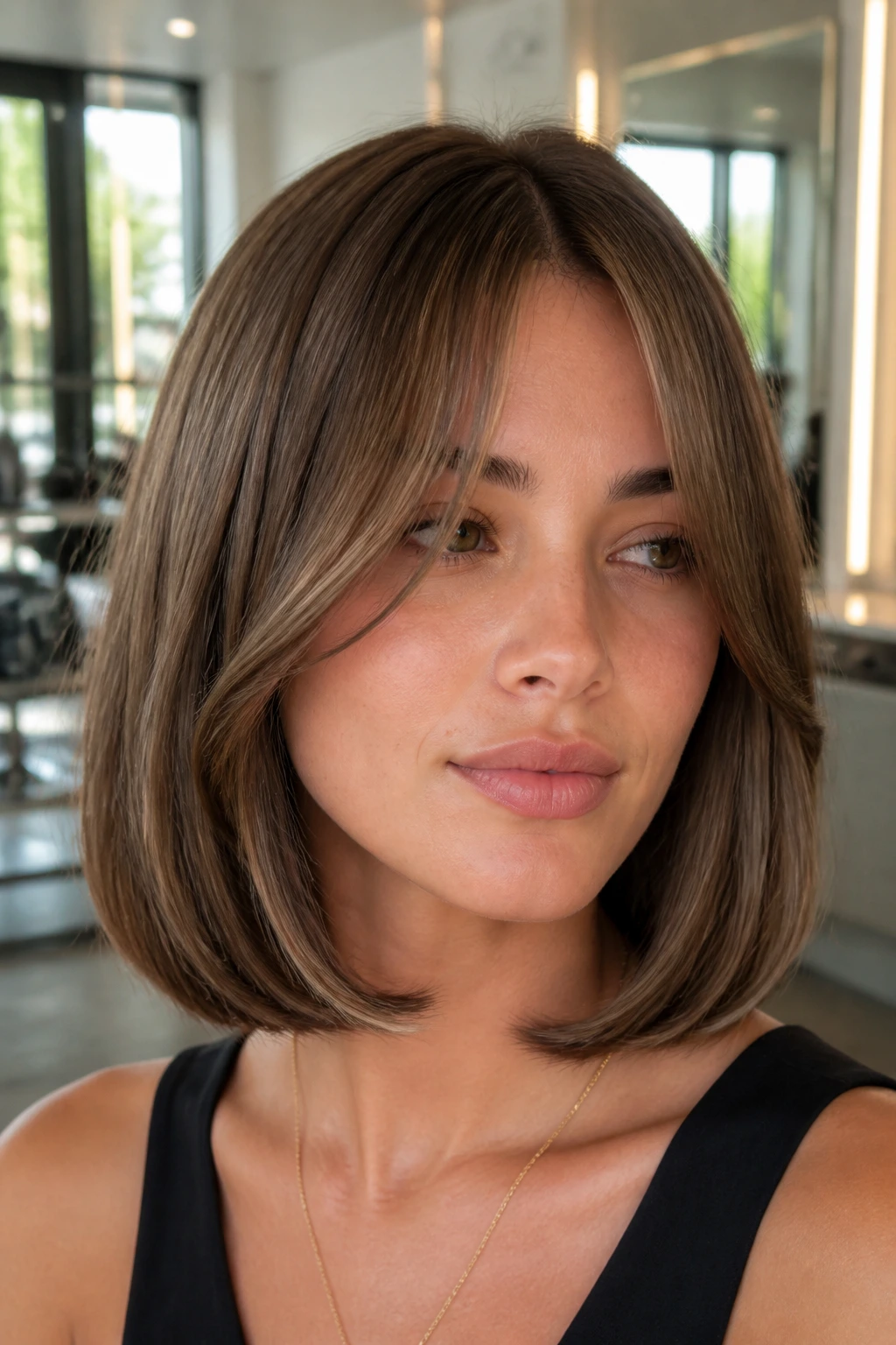 Close-up of a real woman with an S-curve bob and beveled tips