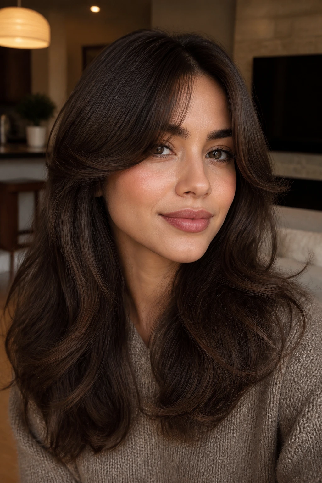 Close-up of a real woman with S-curve curtain bangs and bent ends.