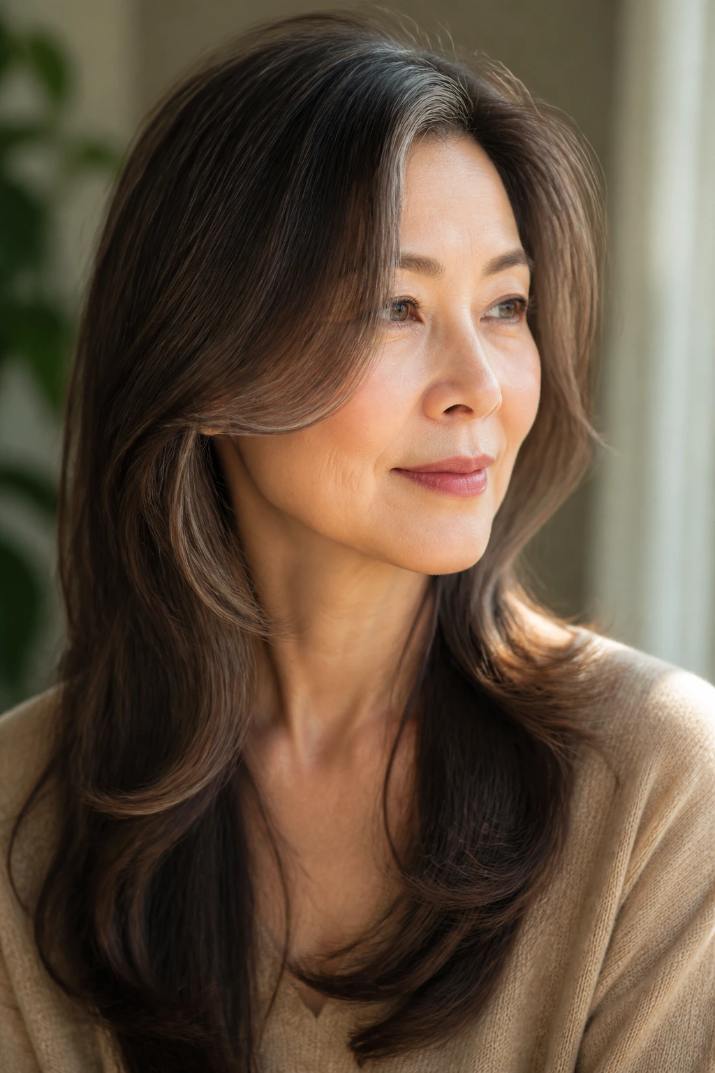 Close-up of a real woman with an S-curve face frame softening the cheeks