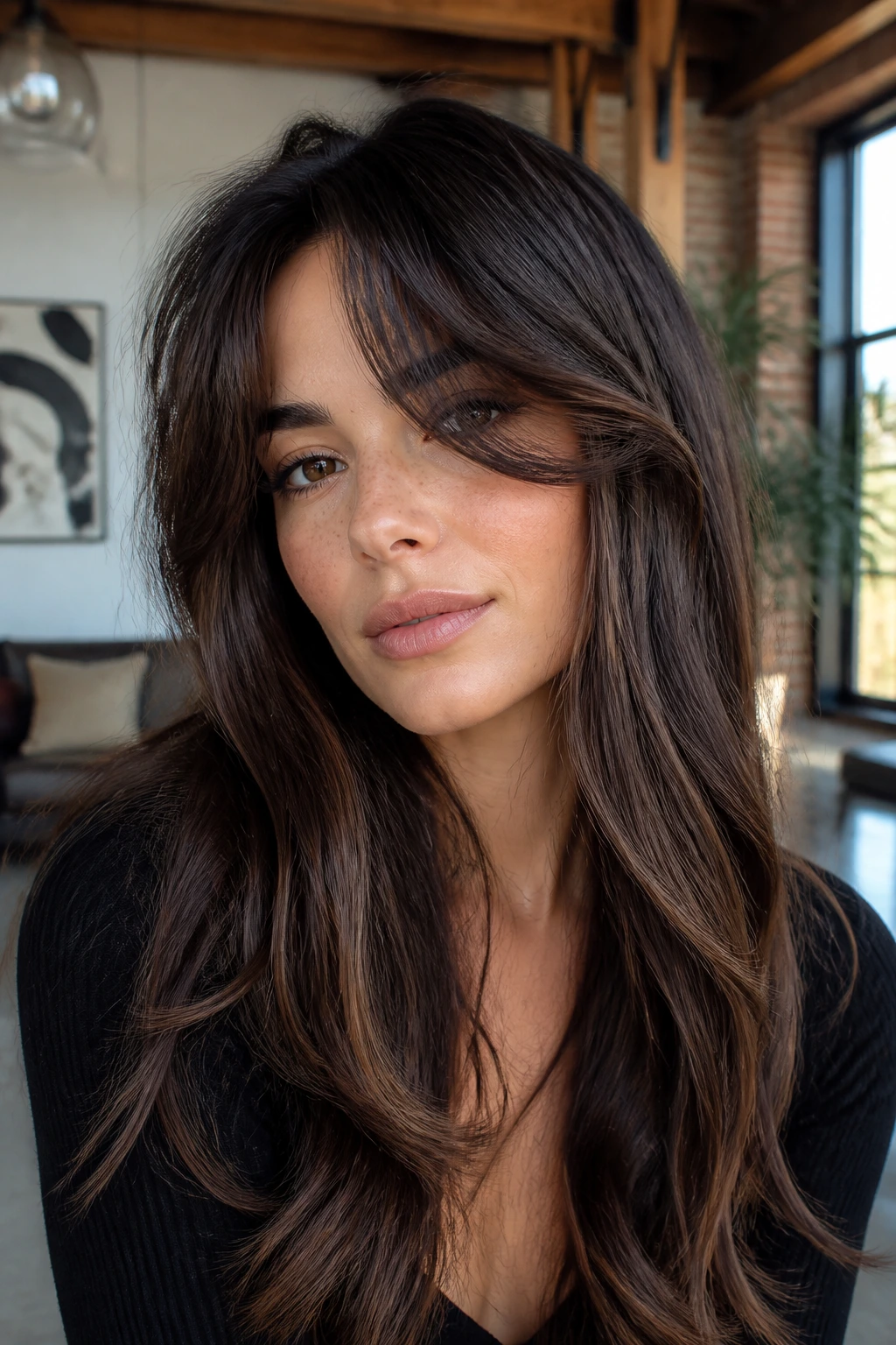 Close-up of a real woman with sweeping S-curve fringe in natural light