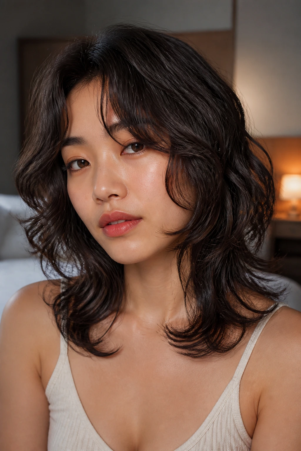 Close-up of a real person with S-curve layers around the collarbone.