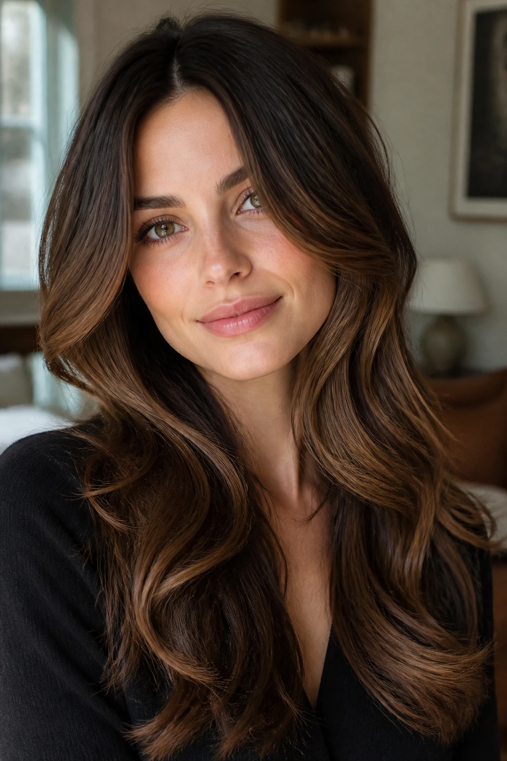 Close-up portrait of a woman with S-curve layered hair bending away from the face