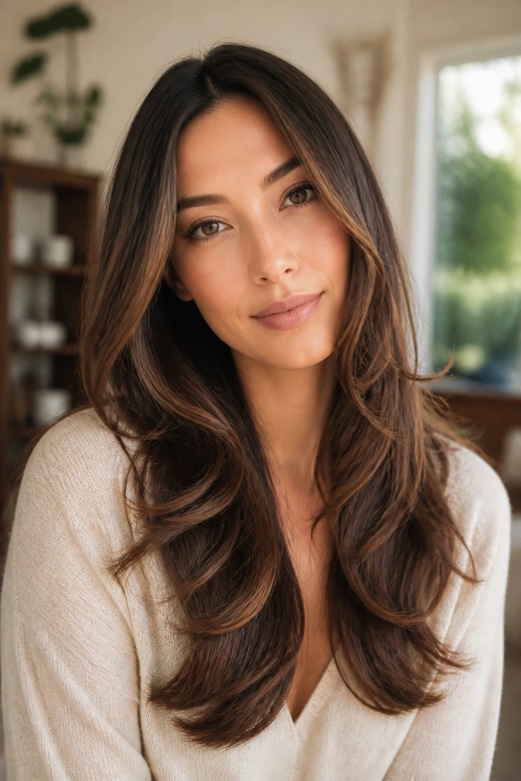 Close-up portrait of a real woman with long S-curve layers framing the face and chest