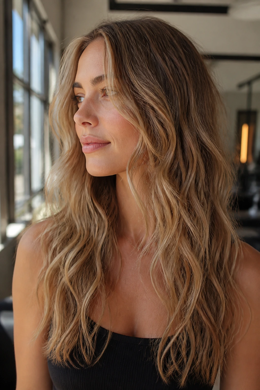Real person showing S-curve layers on wavy fine hair in a sunlit studio