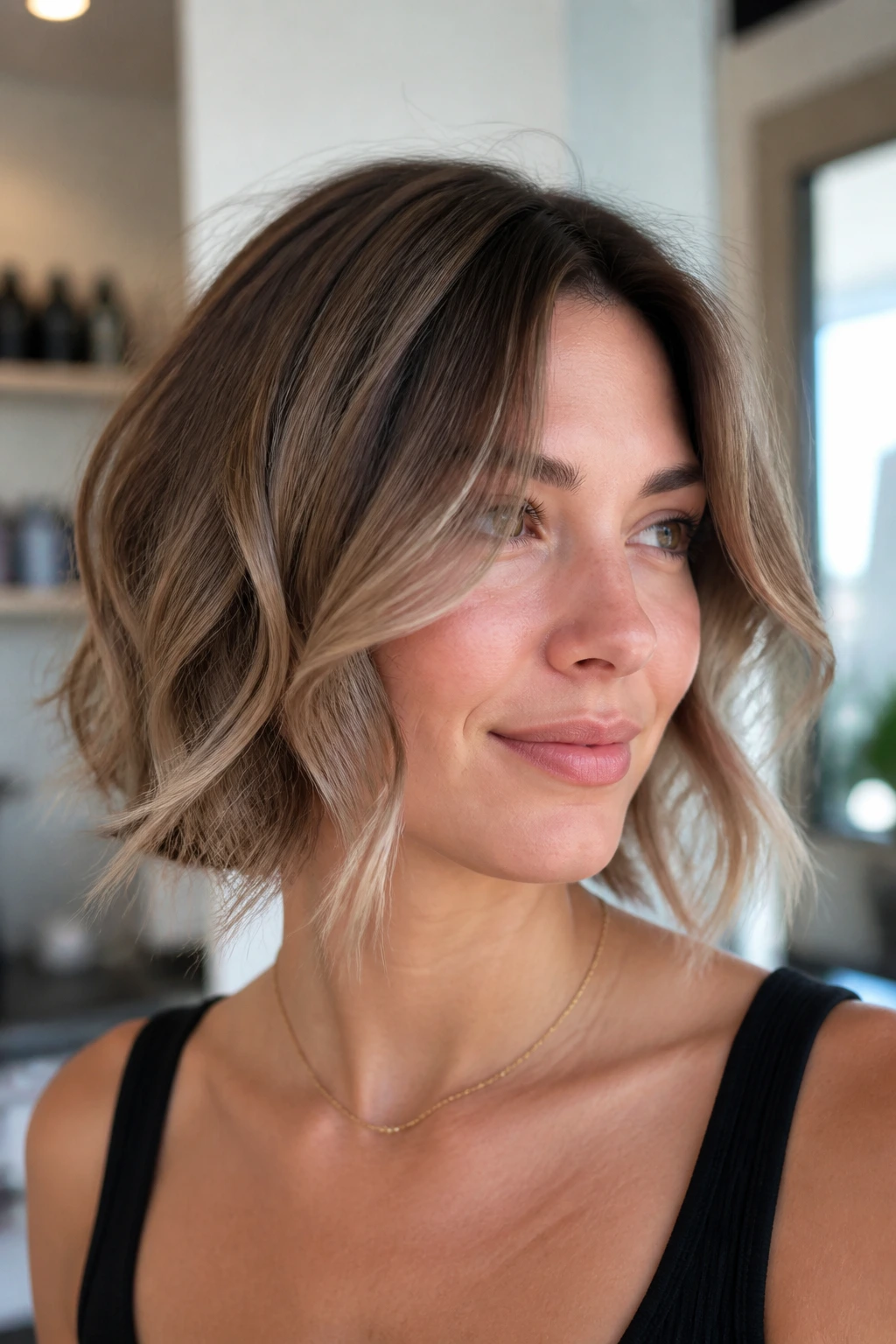 Portrait of a woman with face-framing S-curve lob waves at neck length