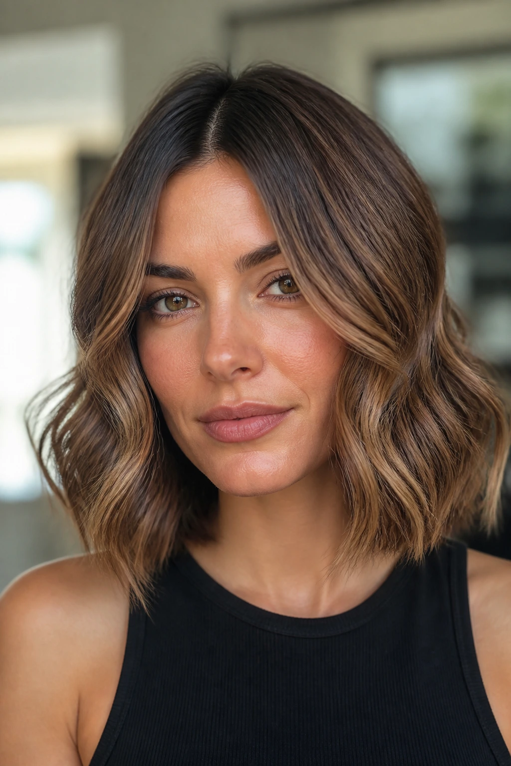 Close-up portrait of a real person with an S-curve lob