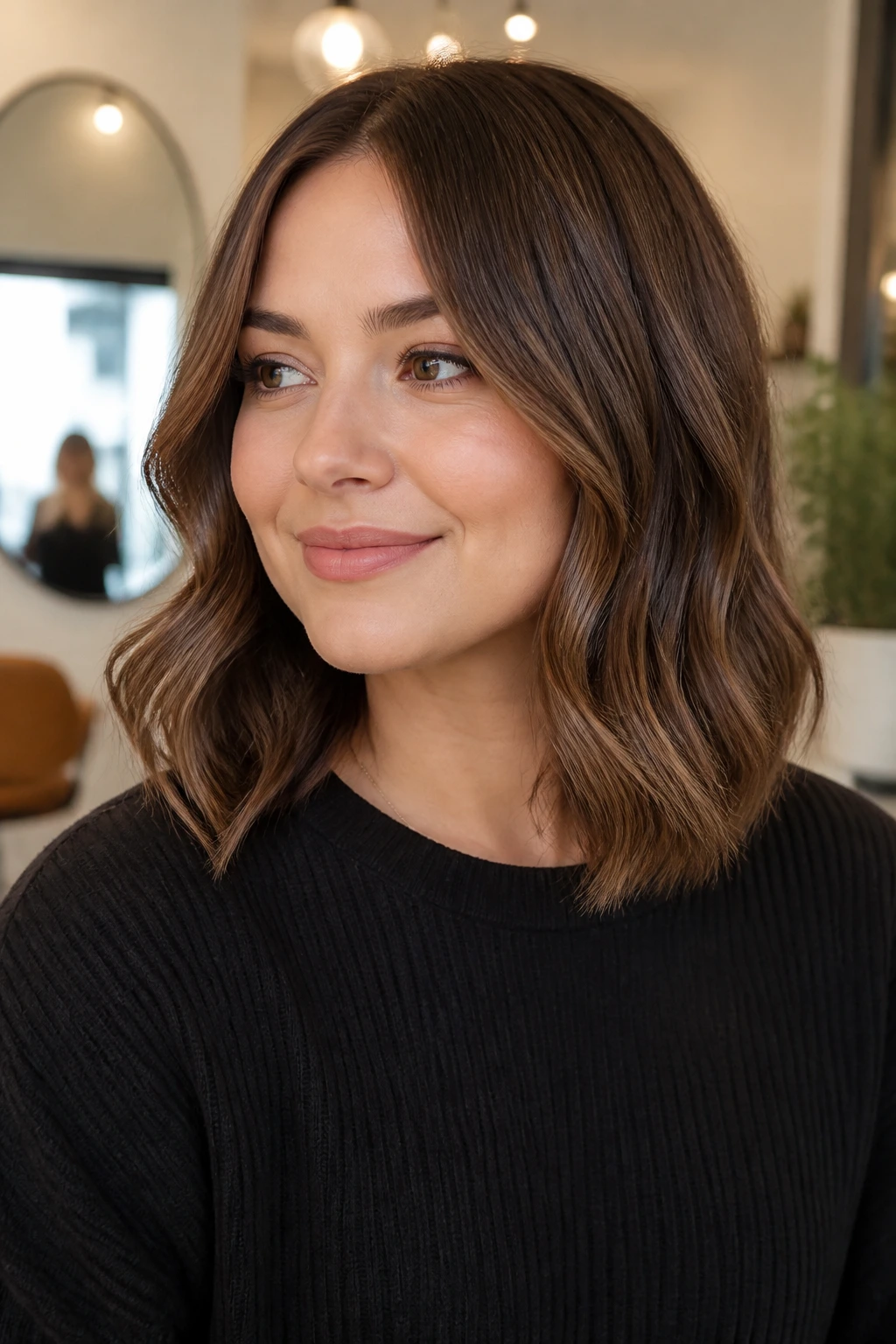 Portrait of a woman with an S-curve lob featuring a gentle S bend in the ends.