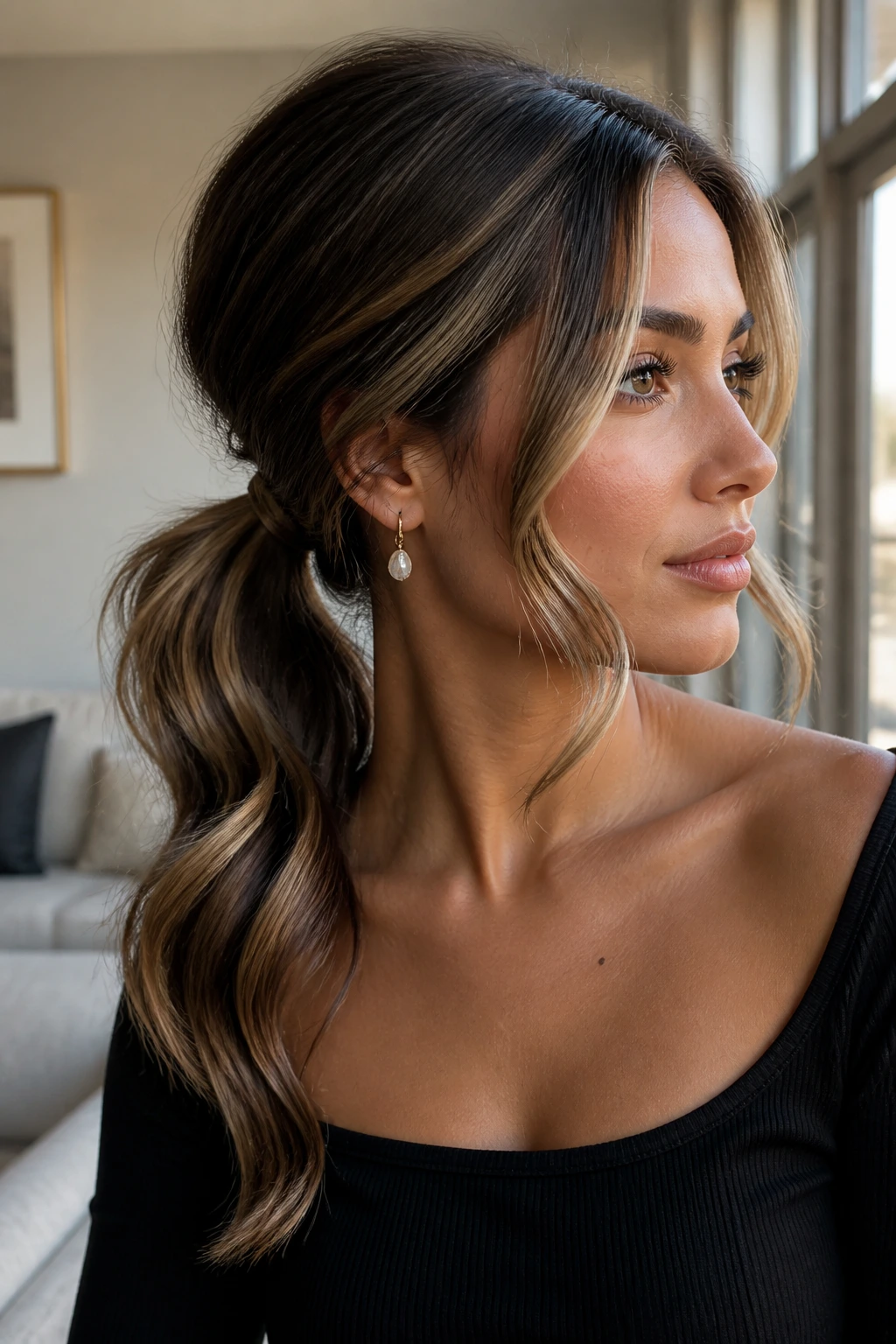 Close-up portrait of S-Curve low ponytail with money-piece highlights