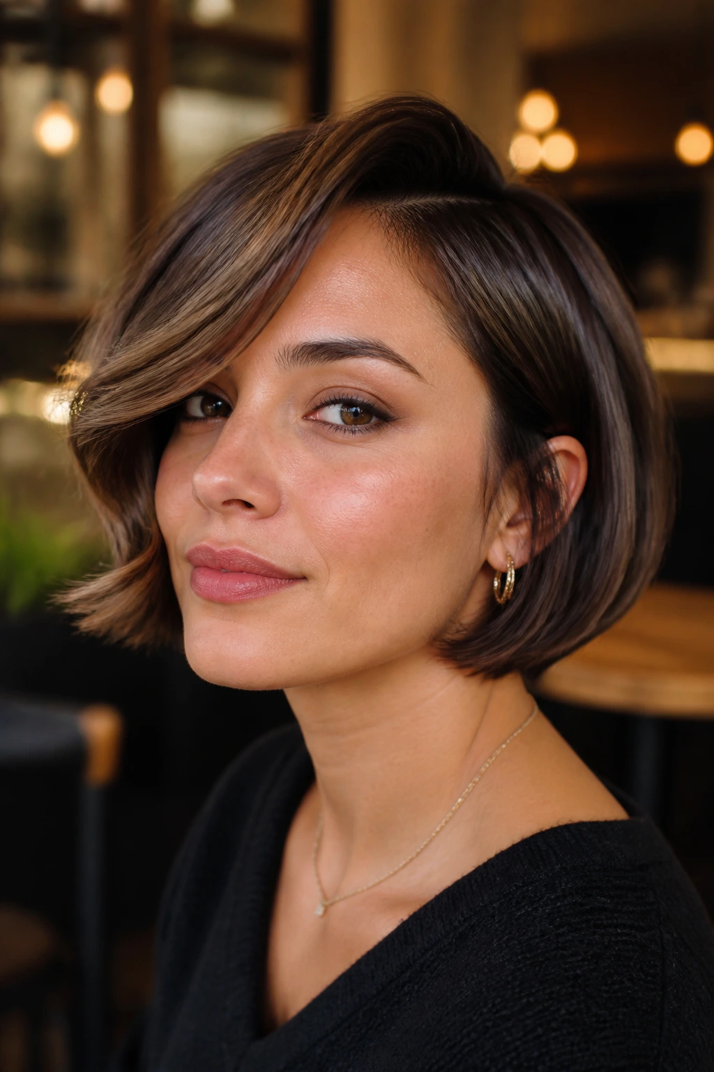 Portrait of a woman with a side-part bob and S-curve front in a cafe.