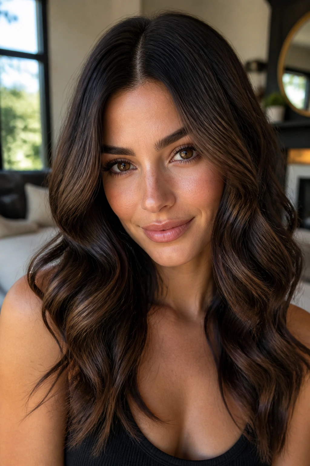 Brunette with S-curve waves and middle part in natural light.