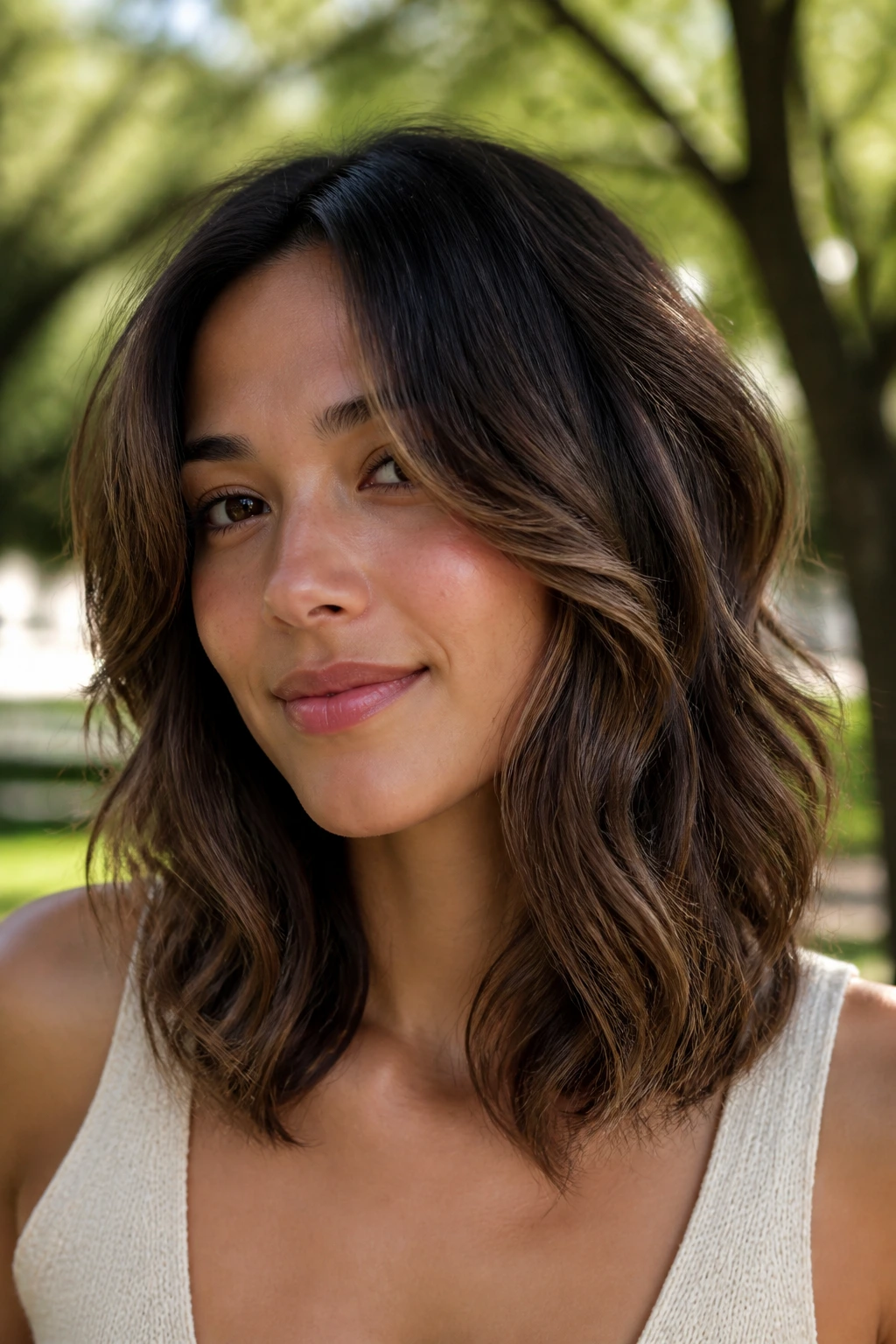 Real woman with S-curve face-framing layers on wavy hair, air-dried