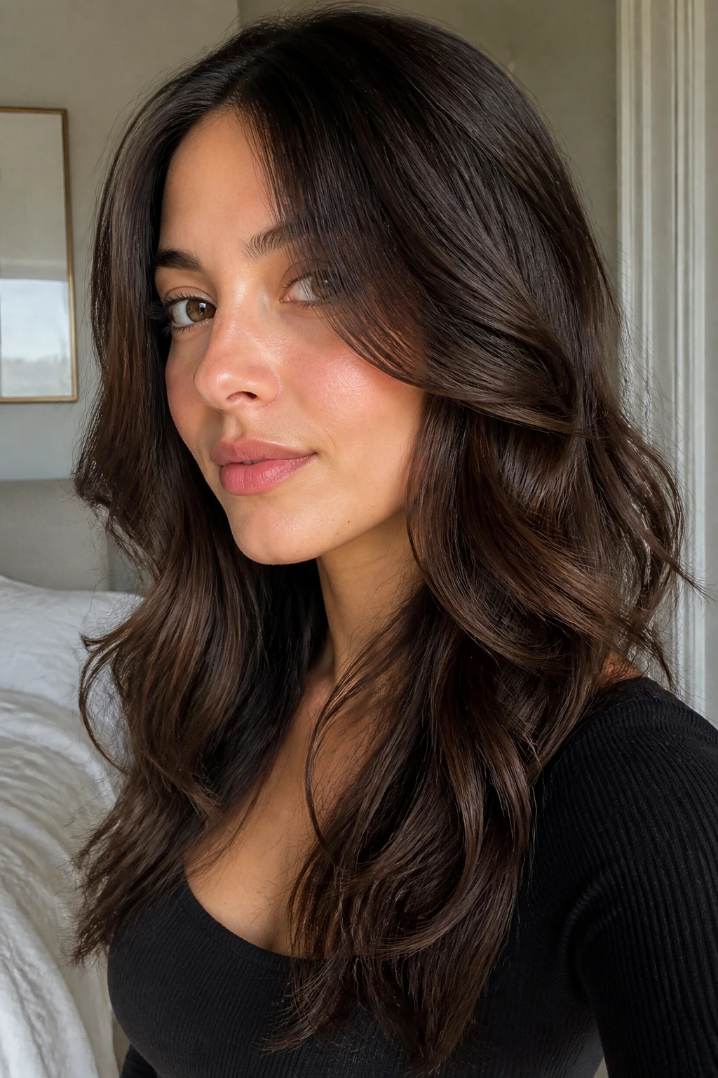 Medium close-up of a real woman with S-cut layers creating a soft outline around the face