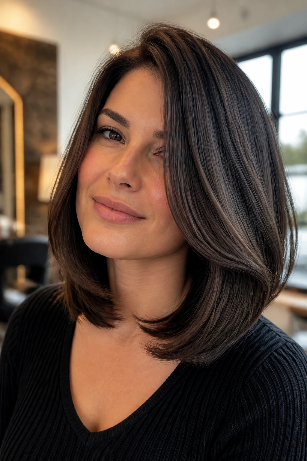 Close-up of a real woman with an S shape blowout lob showing mid-length bend