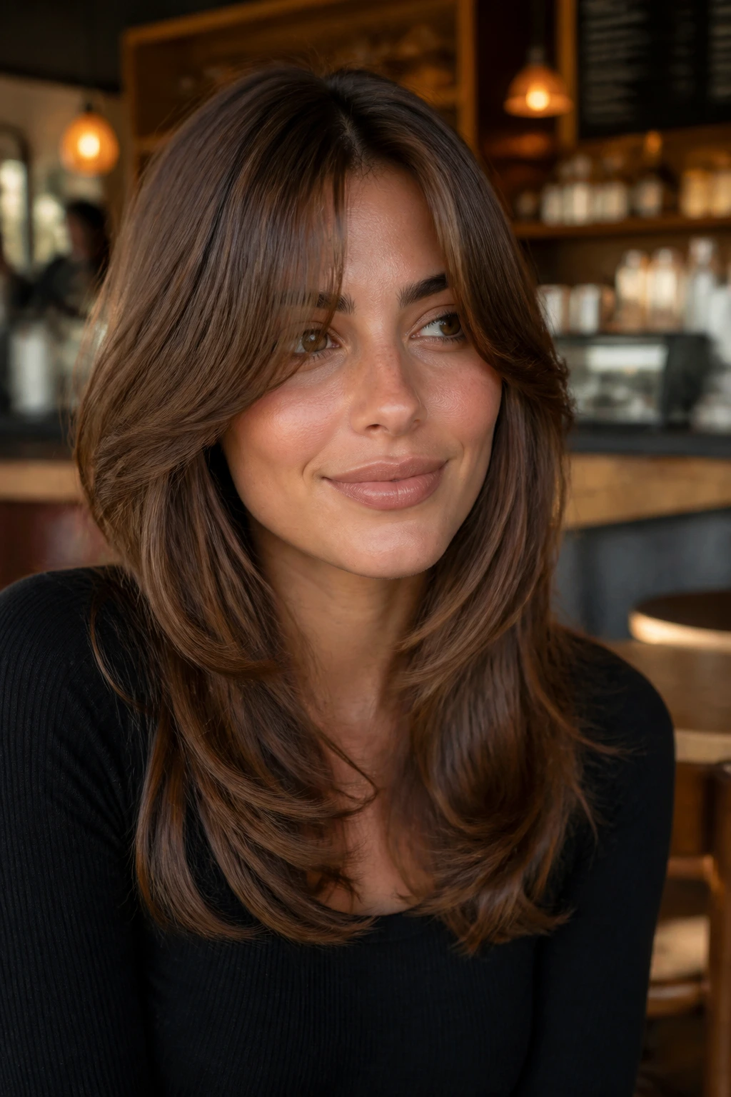 Close-up of a woman with S-swoop layers and swept curtain bangs in a warm cafe setting