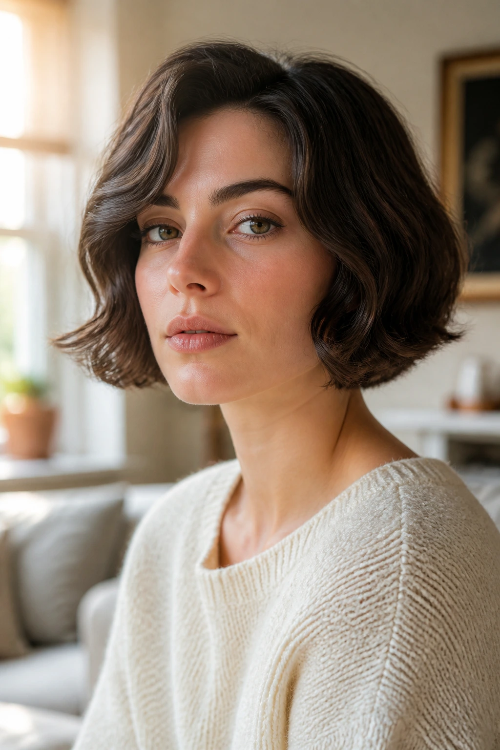 Close-up of a real woman with a chin-length S-wave bob highlighting movement for thin hair