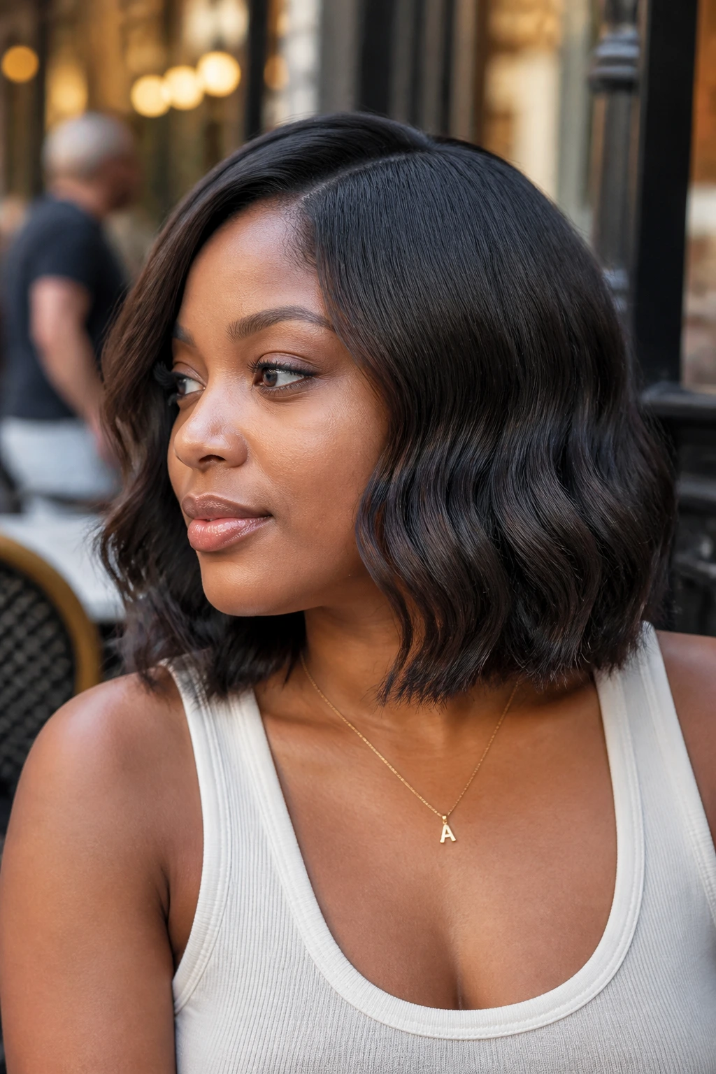 Portrait of a real woman with shoulder-skimming S-wave lob hairstyle.