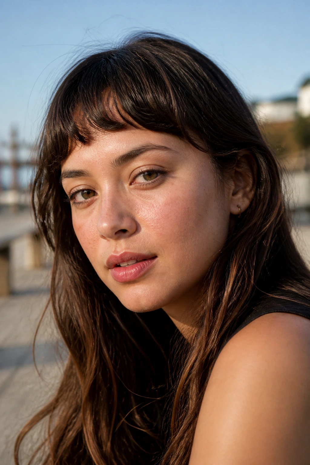 Close-up of a real woman with an S-wave mini fringe in outdoor natural light