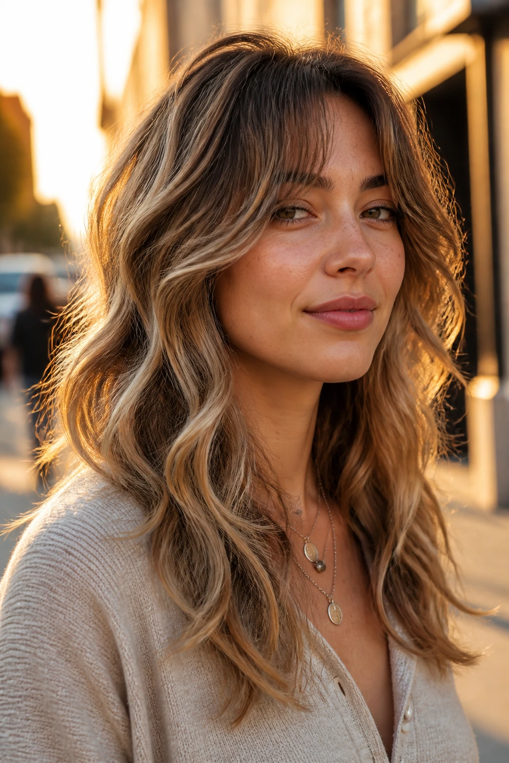 Close-up portrait of a woman with S-wave shag and soft motion.