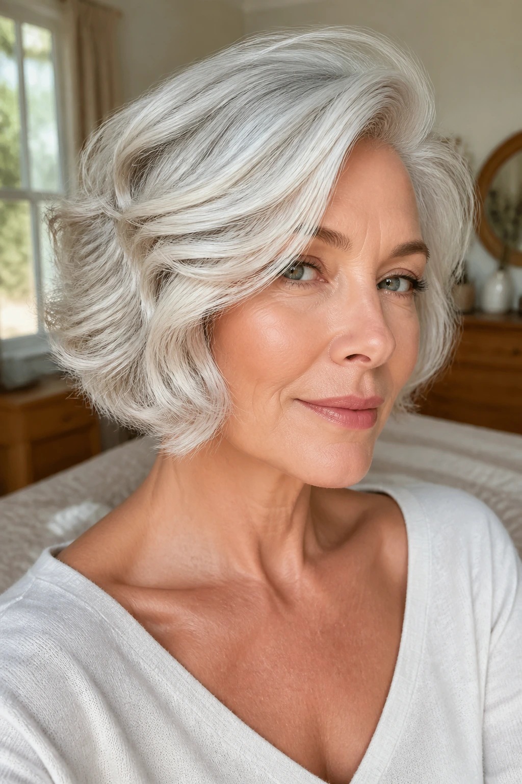 Close-up portrait of a real woman with a silver-white S-Wave Side-Part Bob and babylights