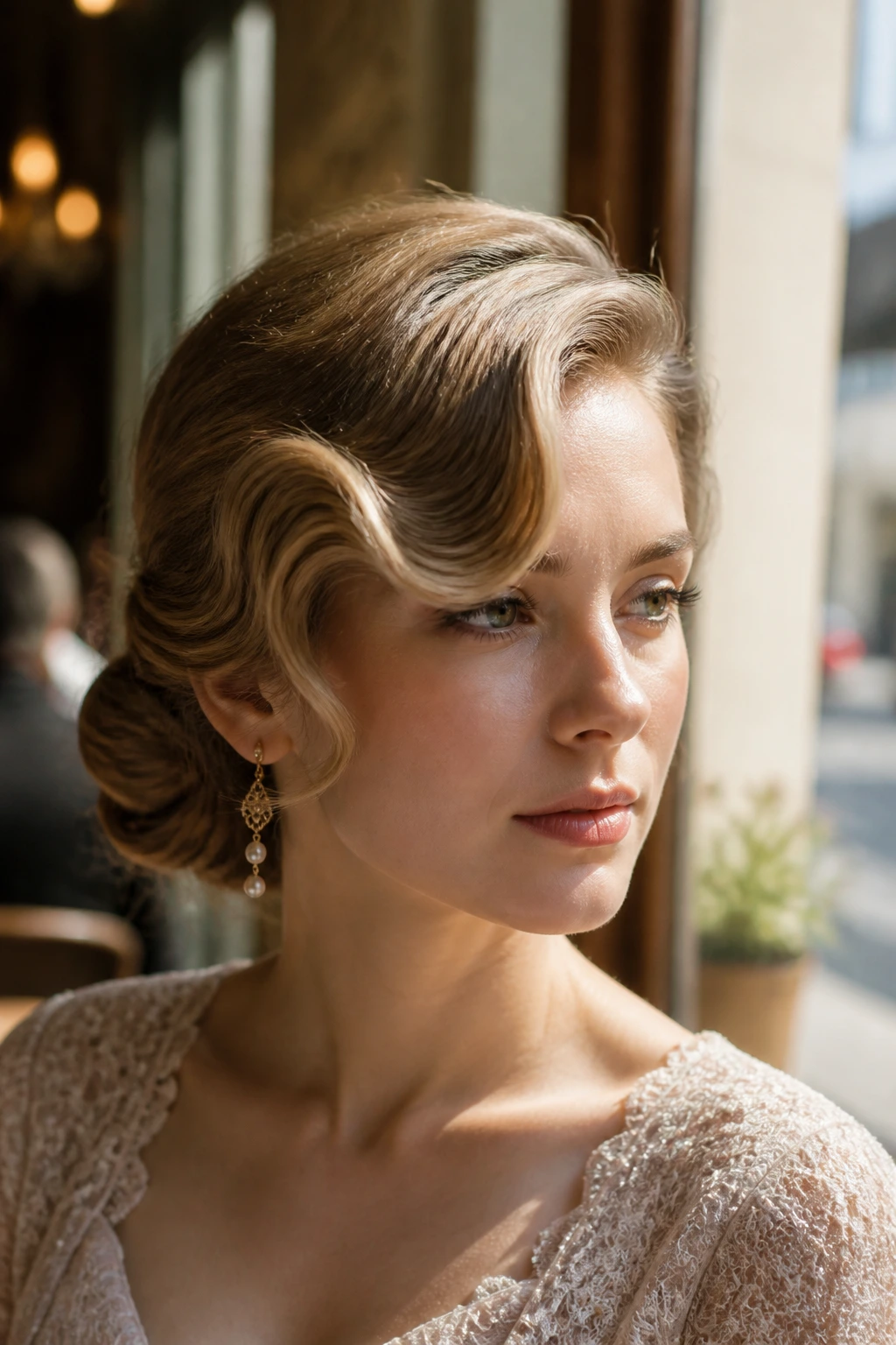 Close-up of a real woman with a side-part S-wave updo.