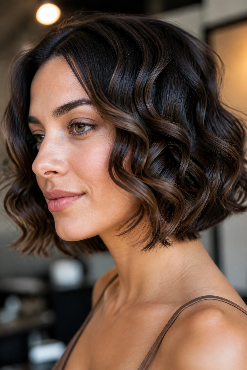 Real woman with sculpted S-waves in a shoulder-length bob