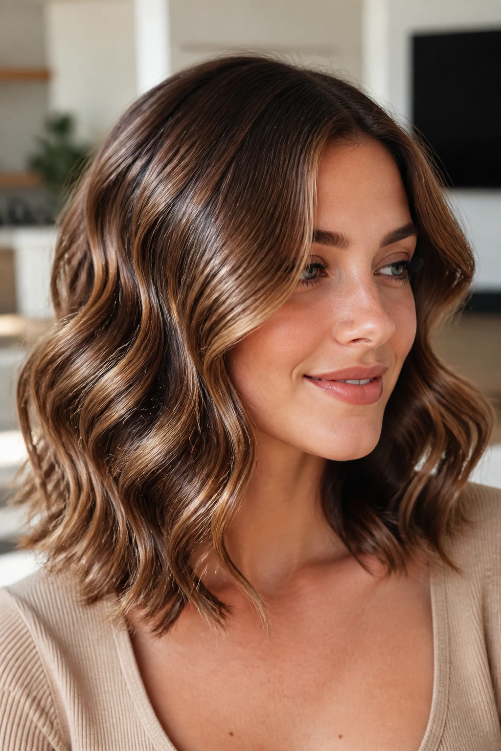 S-shaped waves with glossy finish on shoulder-length hair