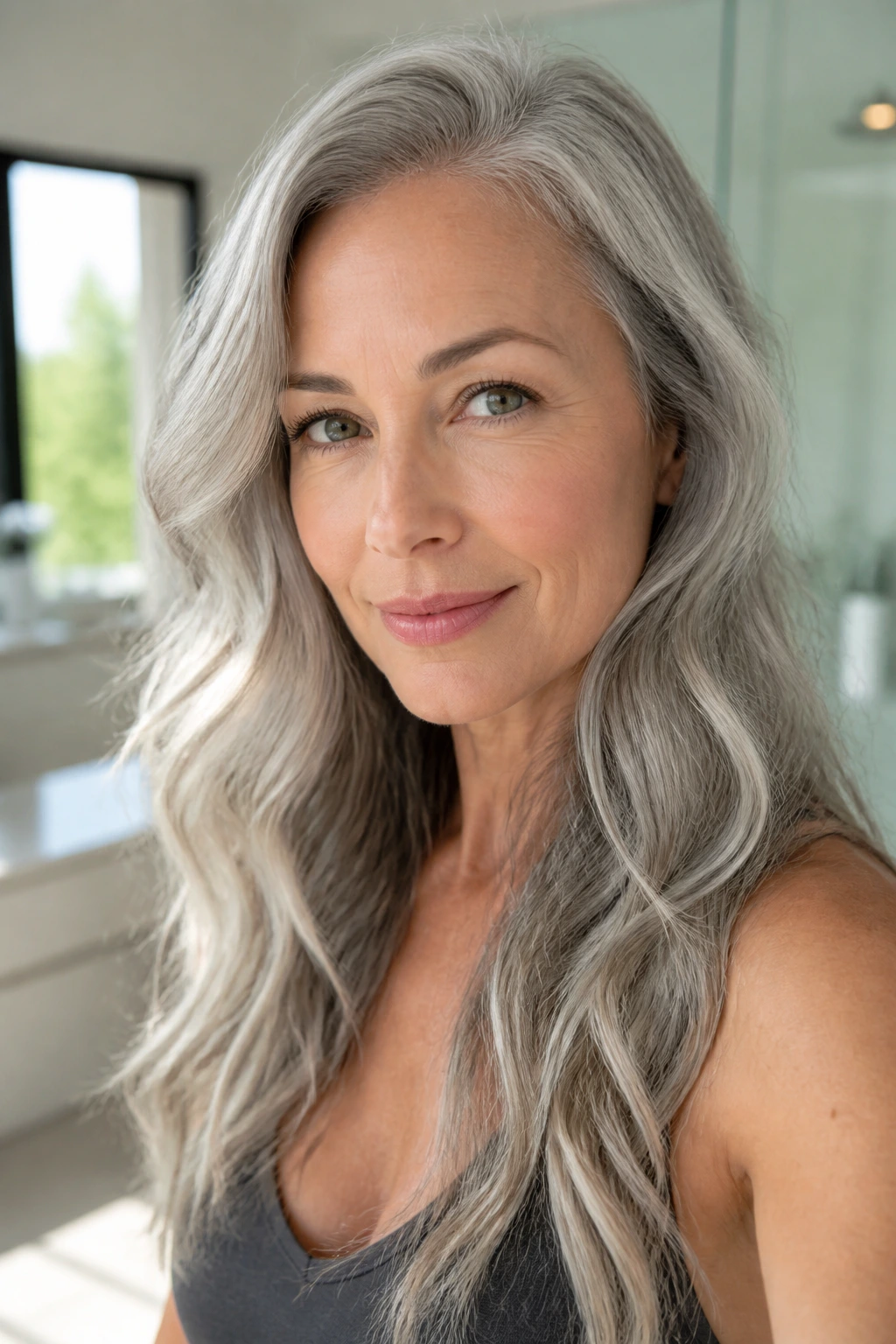 Close-up portrait of a real woman with air-dried S-waves in long gray hair