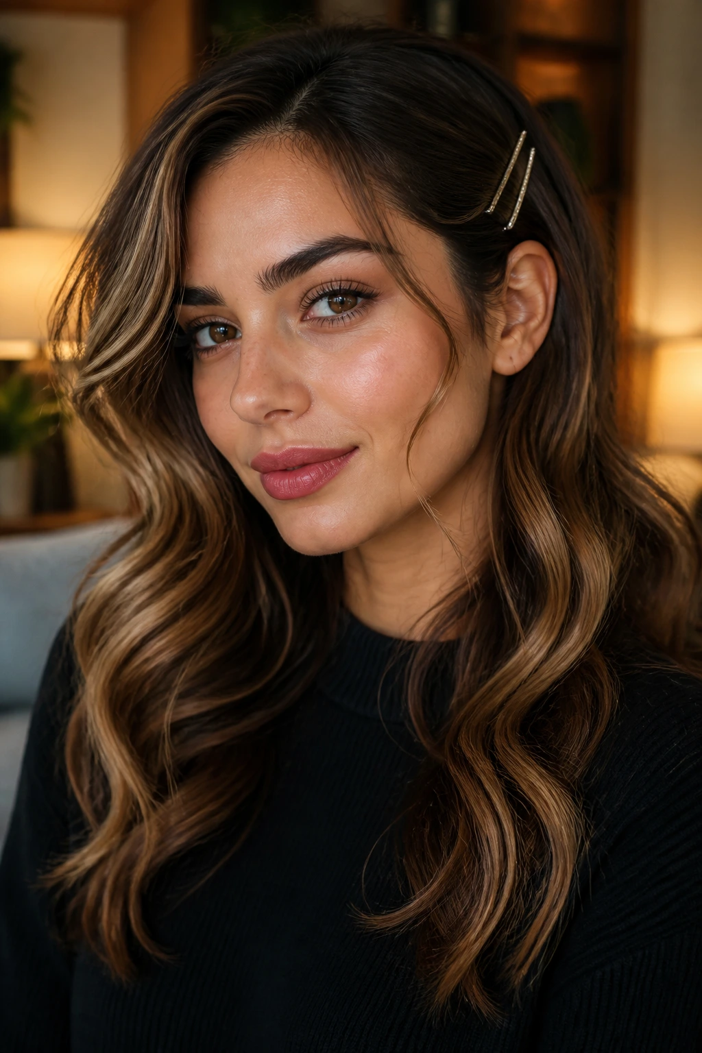 Close-up of a real woman with pinned-back S-waves and visible face framing