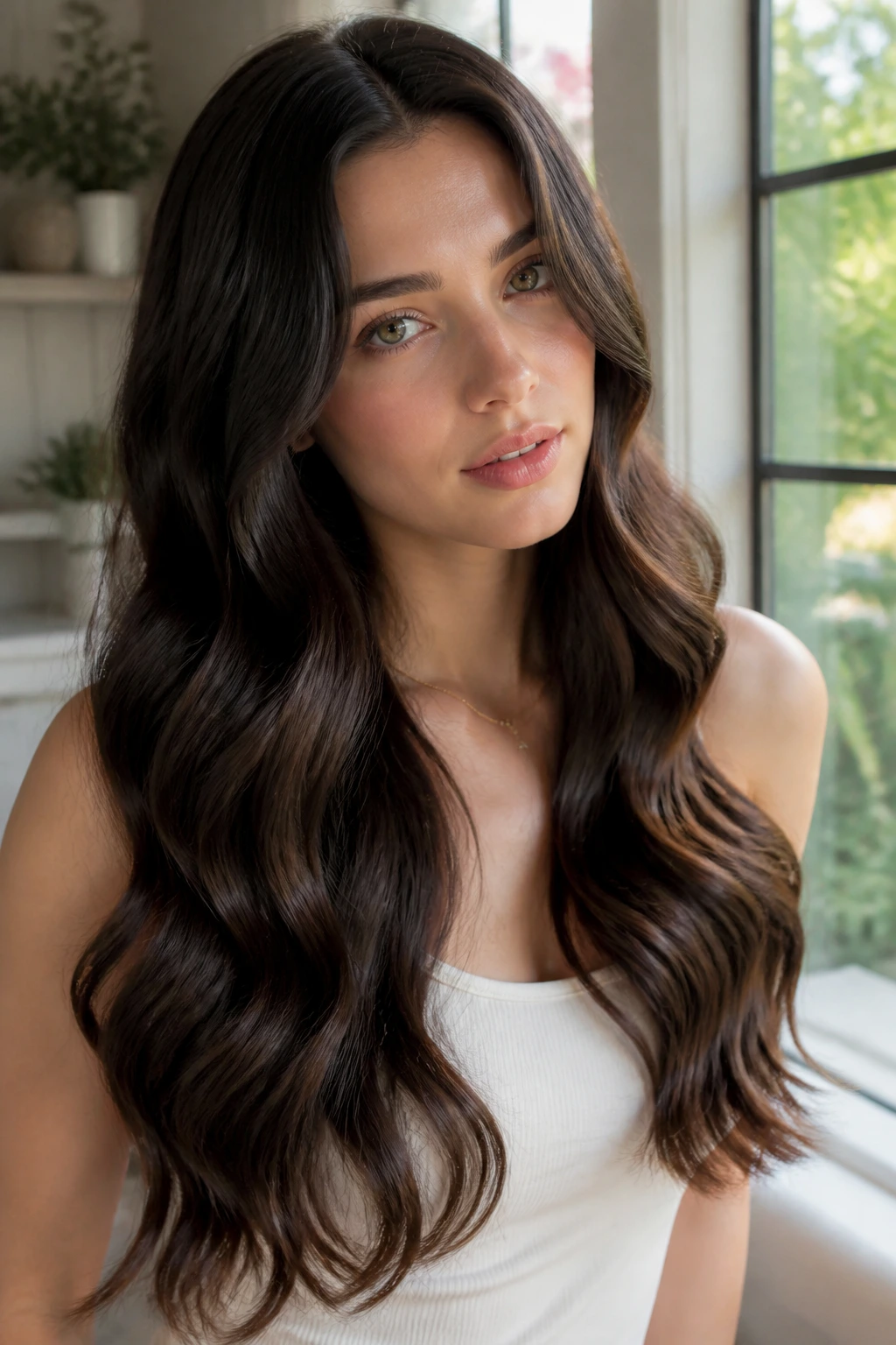 Portrait of a real woman with glossy S-shaped waves in long hair