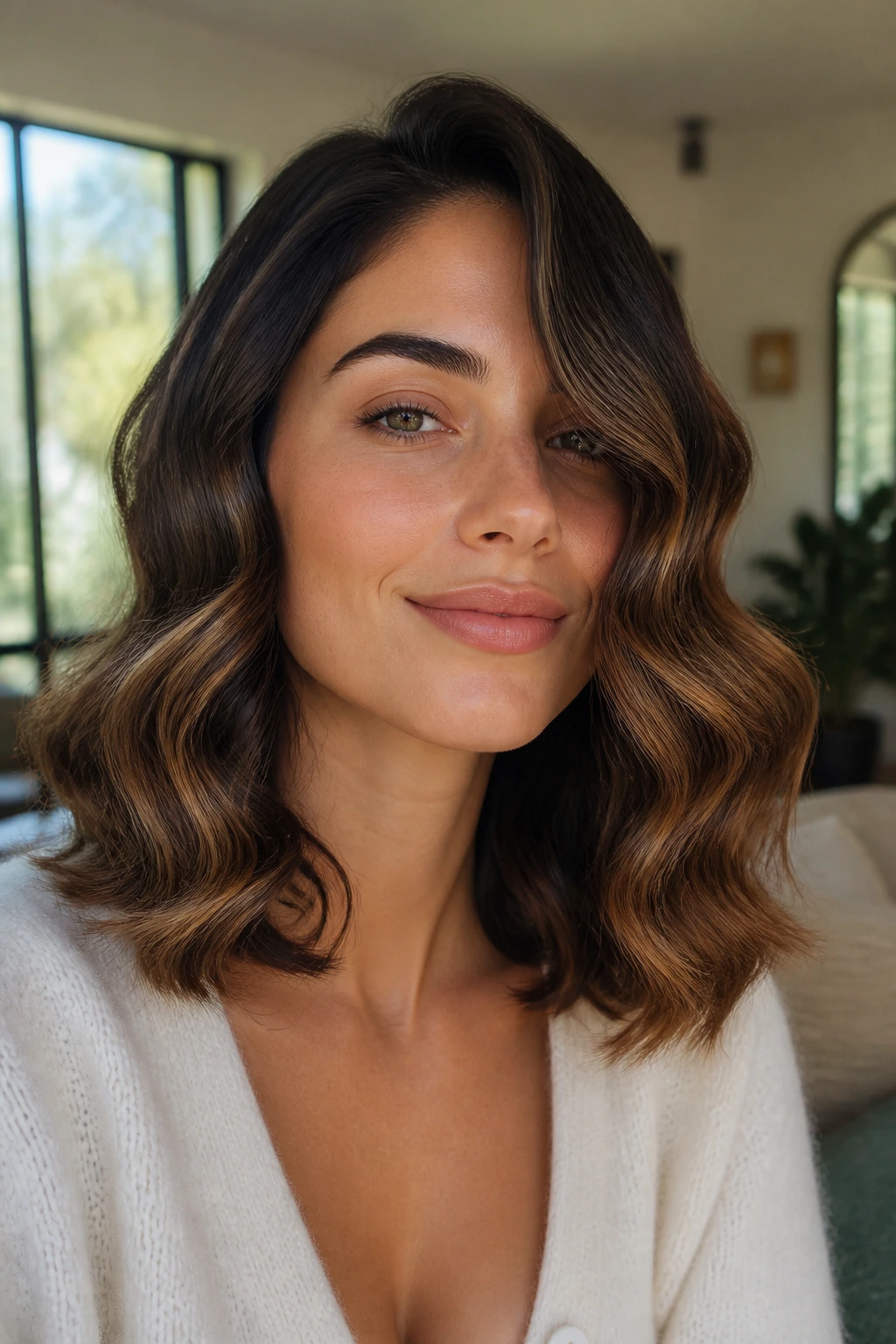 Real woman with satin-smooth S-shaped waves on medium-length hair illuminated by natural light