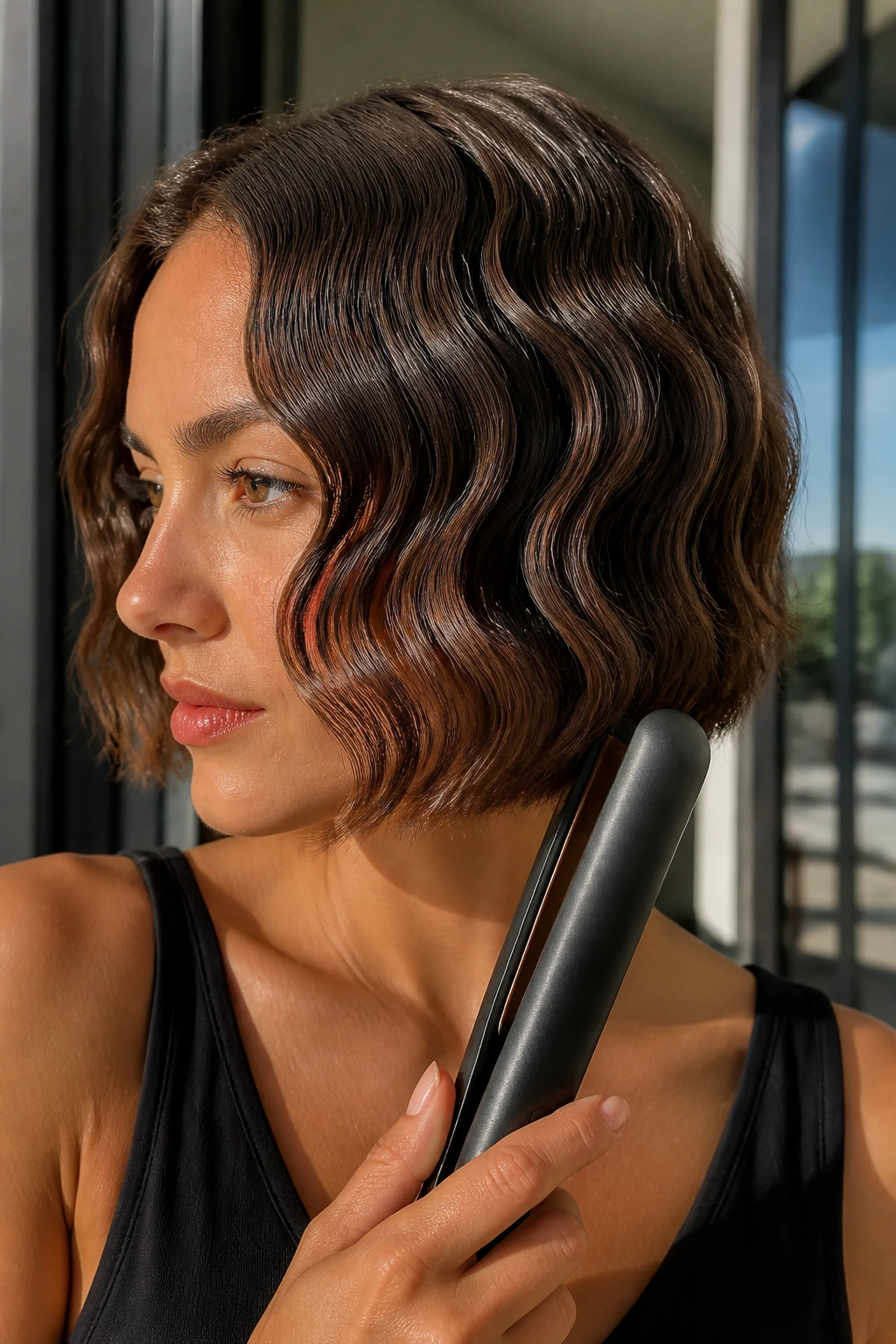 Close-up of a real person with S-wave hair pattern on short hair.