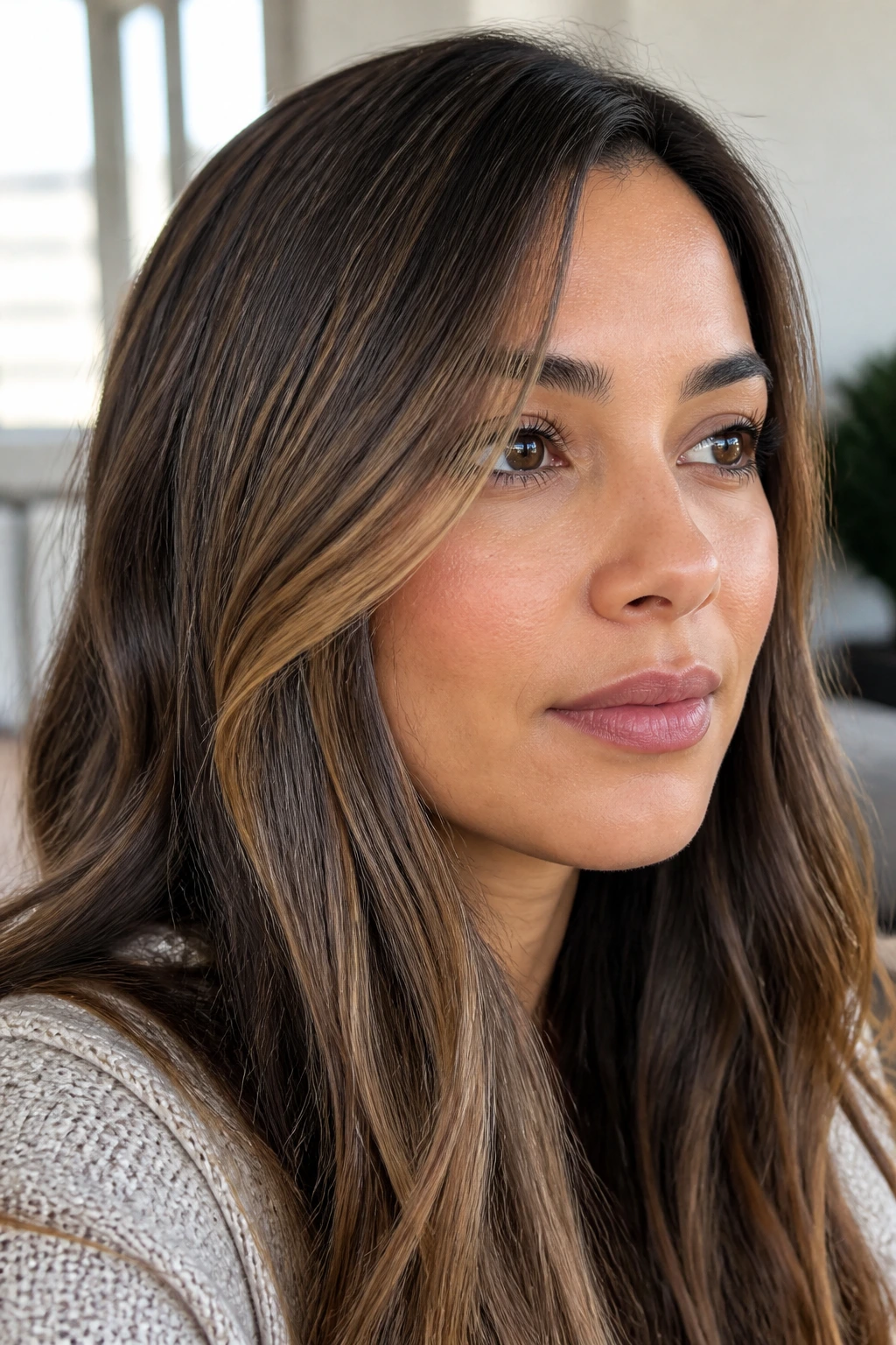 Close-up of sable and amber micro-highlights on straight hair