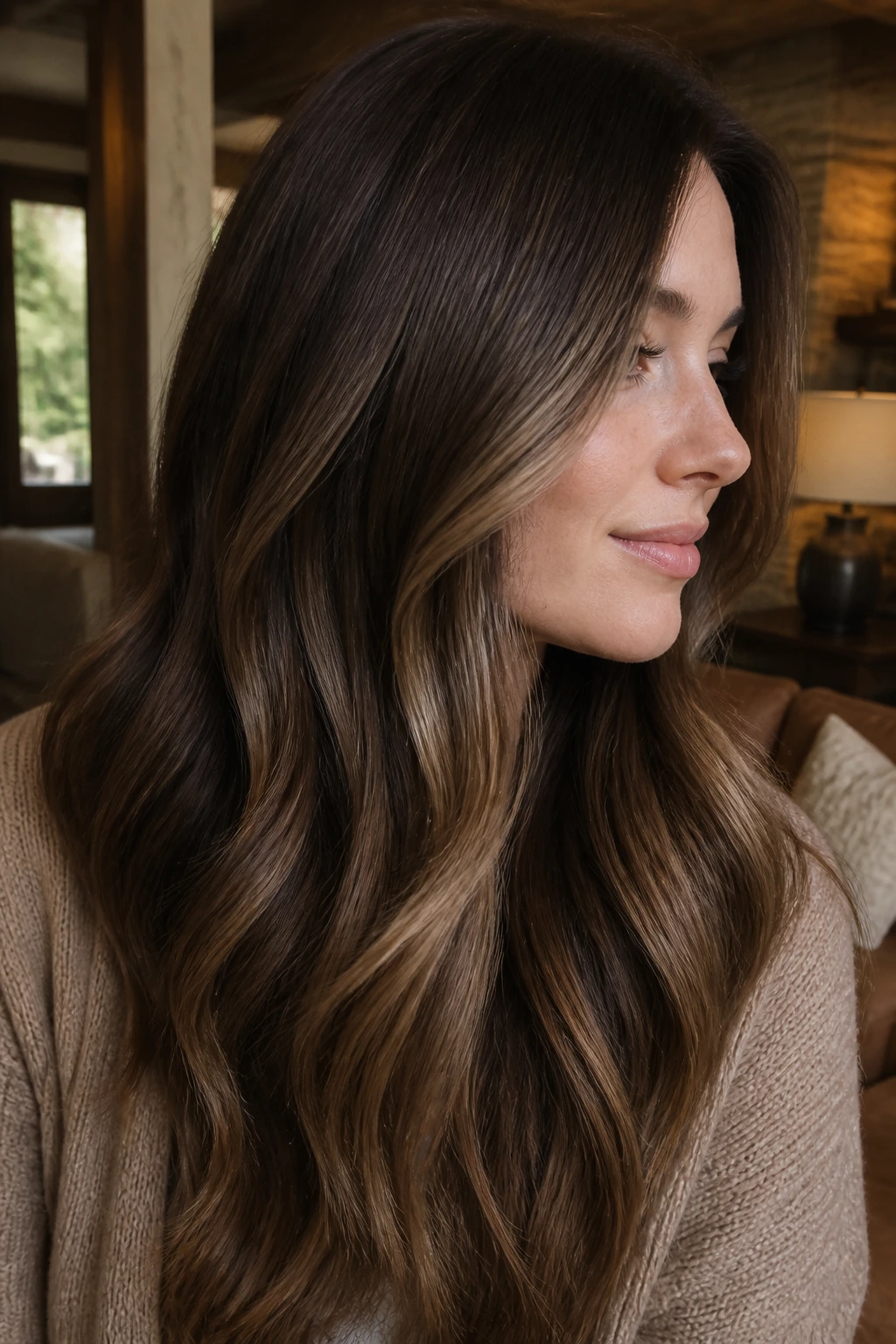 Portrait of a woman with sable melt caramel balayage