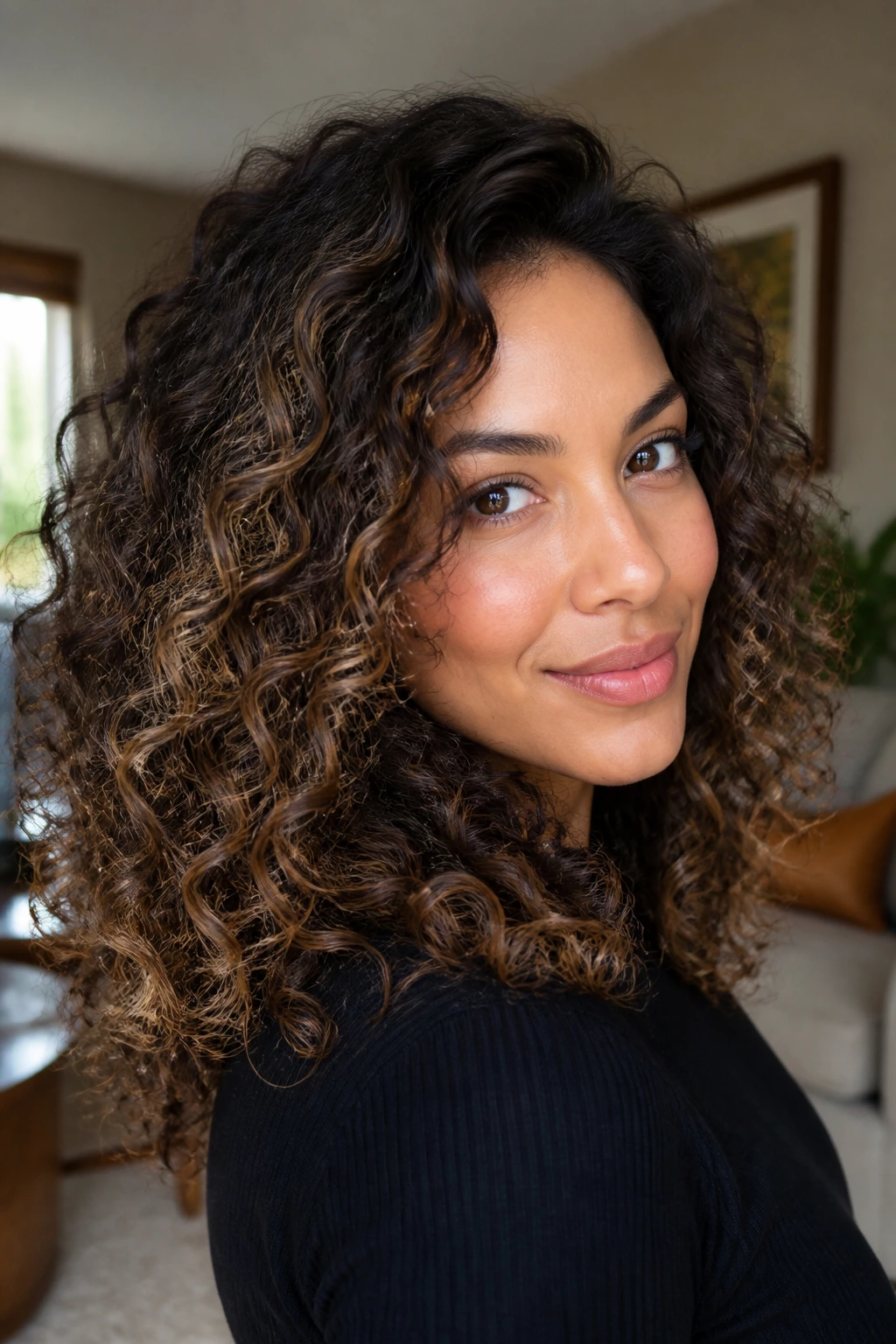 Close-up of curly hair with sable base and honey balayage highlighting around the face