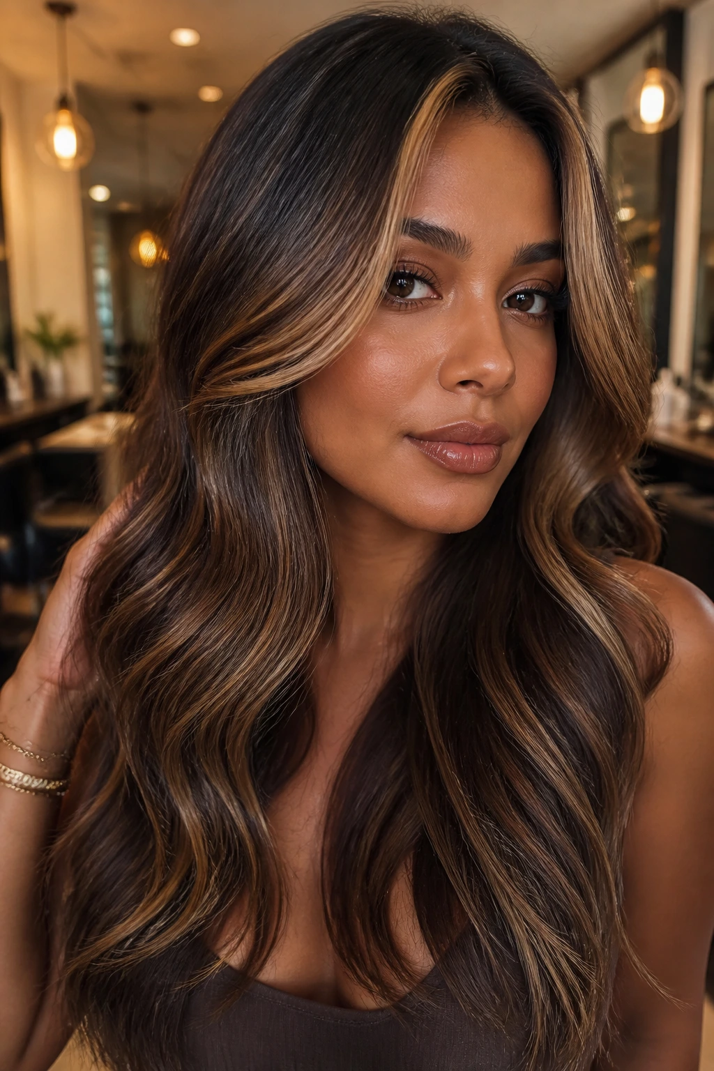 Glossy sable hair with biscotti highlights framing the face