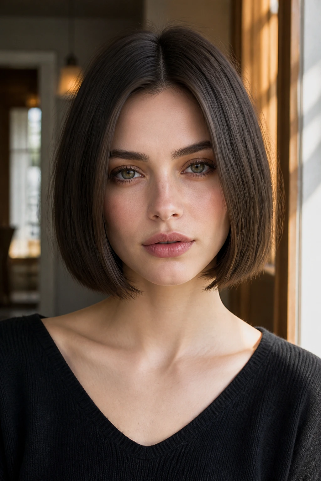 Close-up of real woman with sable bob hair