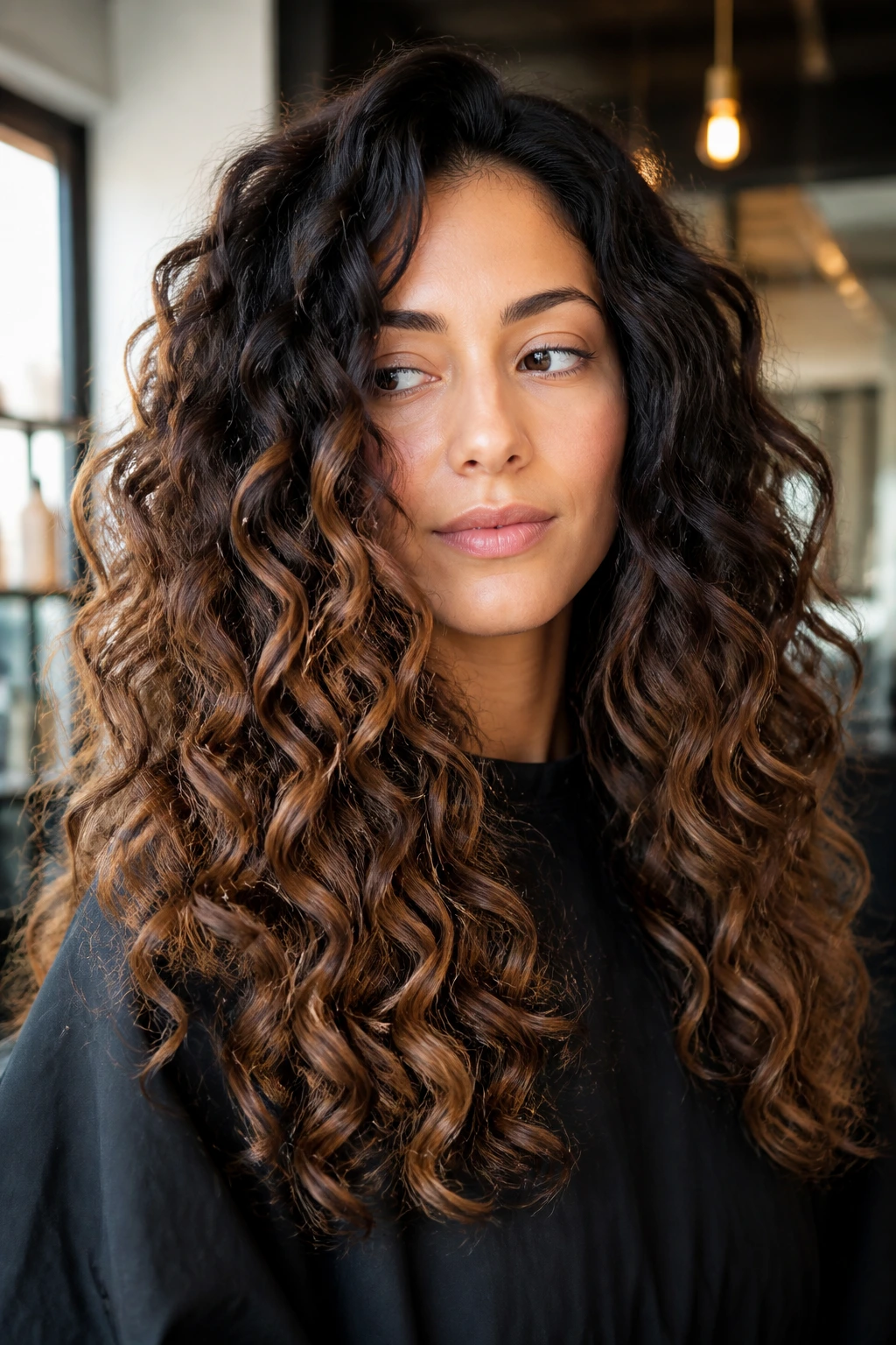 Close-up of a real woman showing sable hair with bronze midlengths on long curls