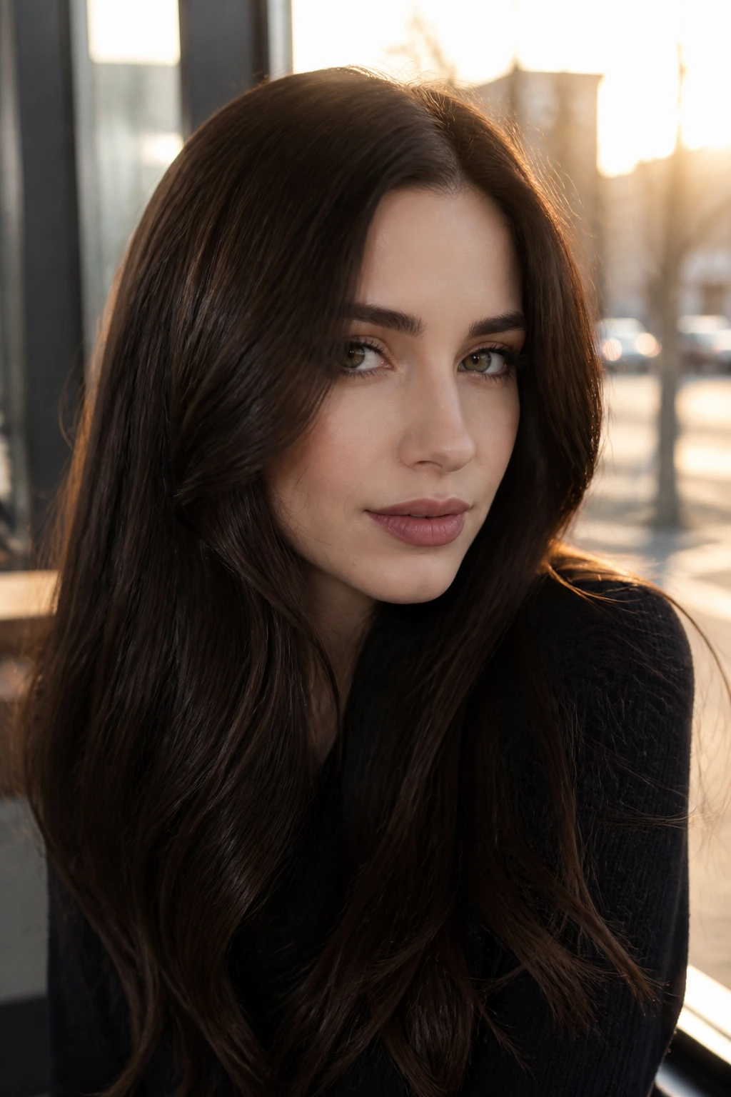 Close-up of a real woman with Sable Brown hair in golden hour urban light