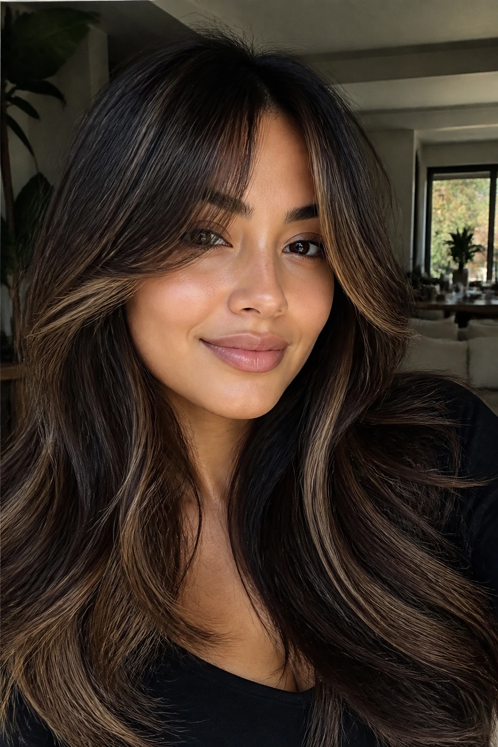 Close-up of sable brown hair with peekaboo lighter pieces and curtain bangs.