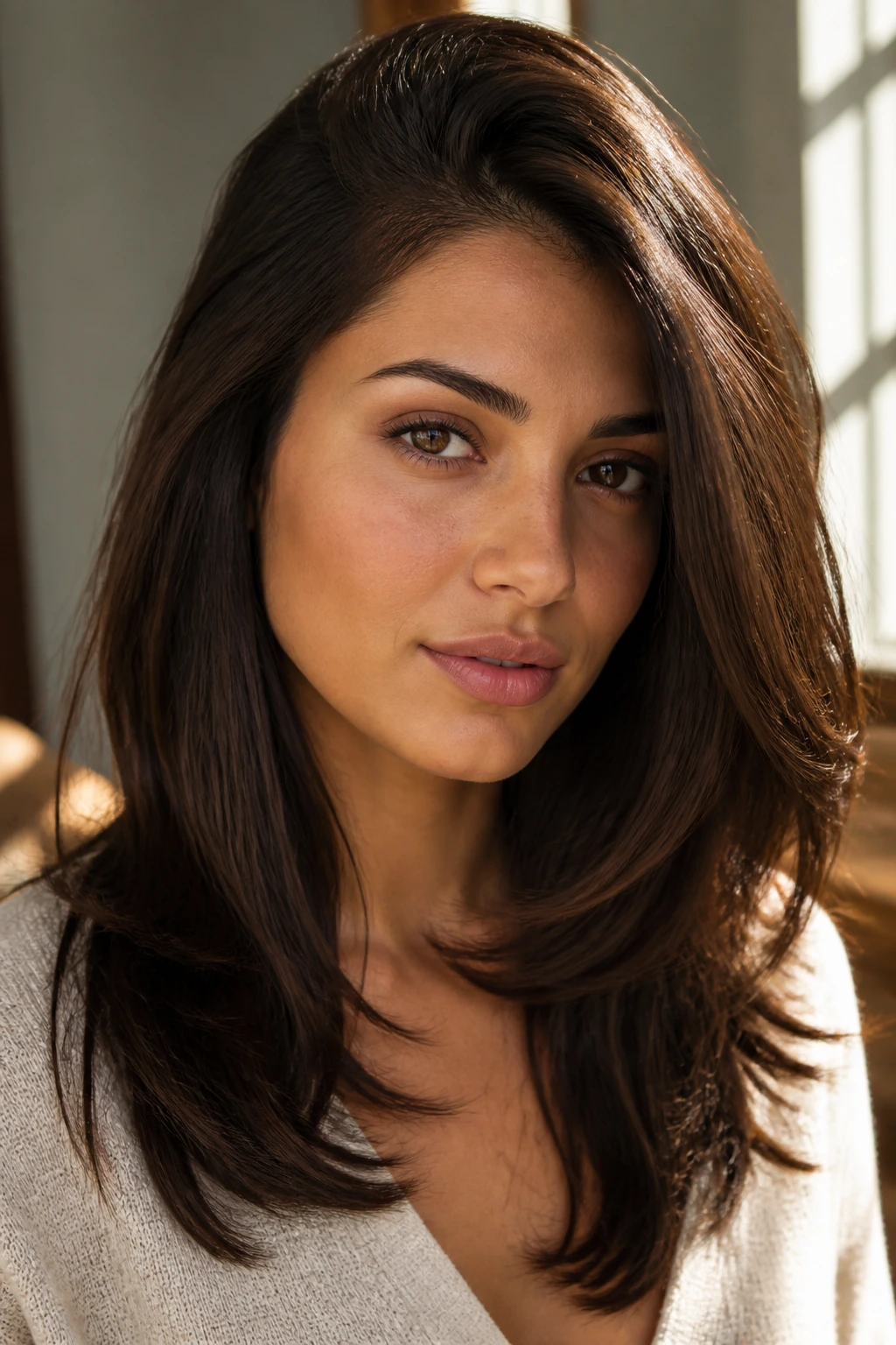 Portrait of a woman with sable brown side-parted layered hair on olive skin