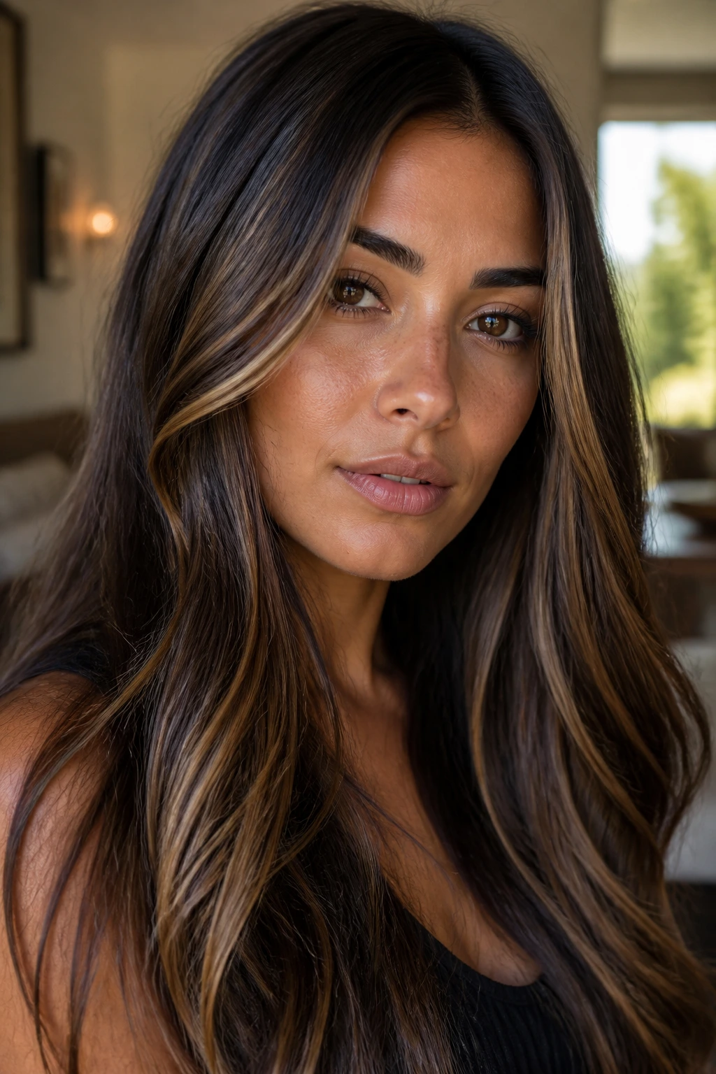 Close-up portrait of olive-skin woman with sable brunette and caramel ribbons