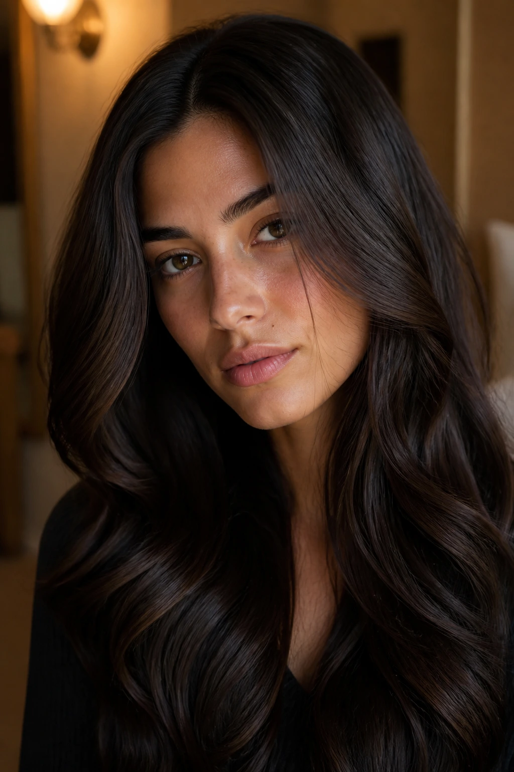 Real woman with sable brunette hair and a soft black edge, glossy shine